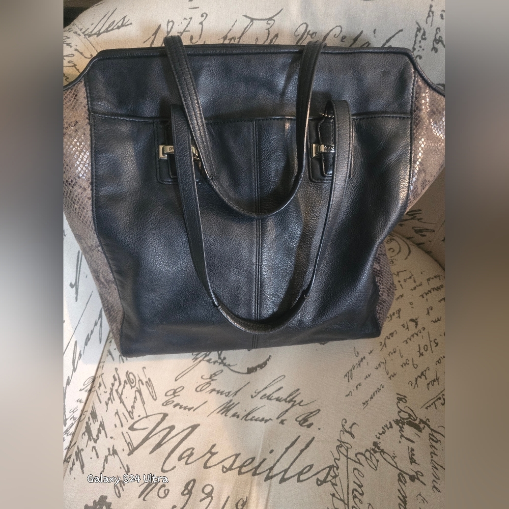 Coach Black Leather Satchel with Brown snakeskin motif on the sides- perfect!